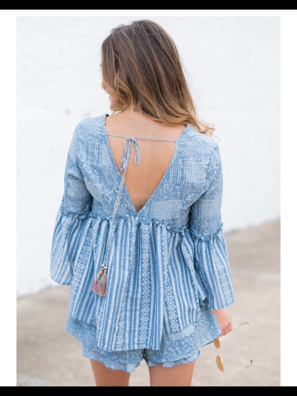 Boho Light Blue Patchwork Tie-Back Blouse